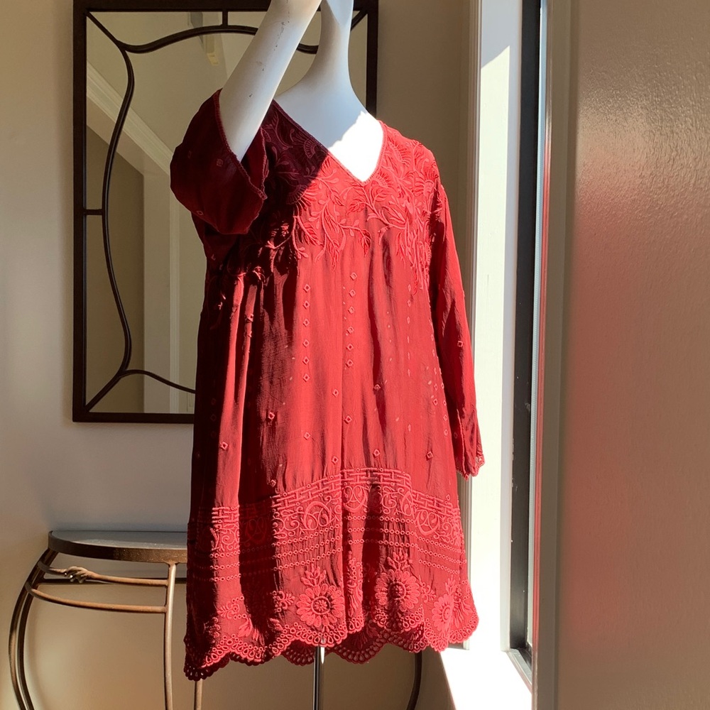 Johnny Was Red Embroidered Mini Dress